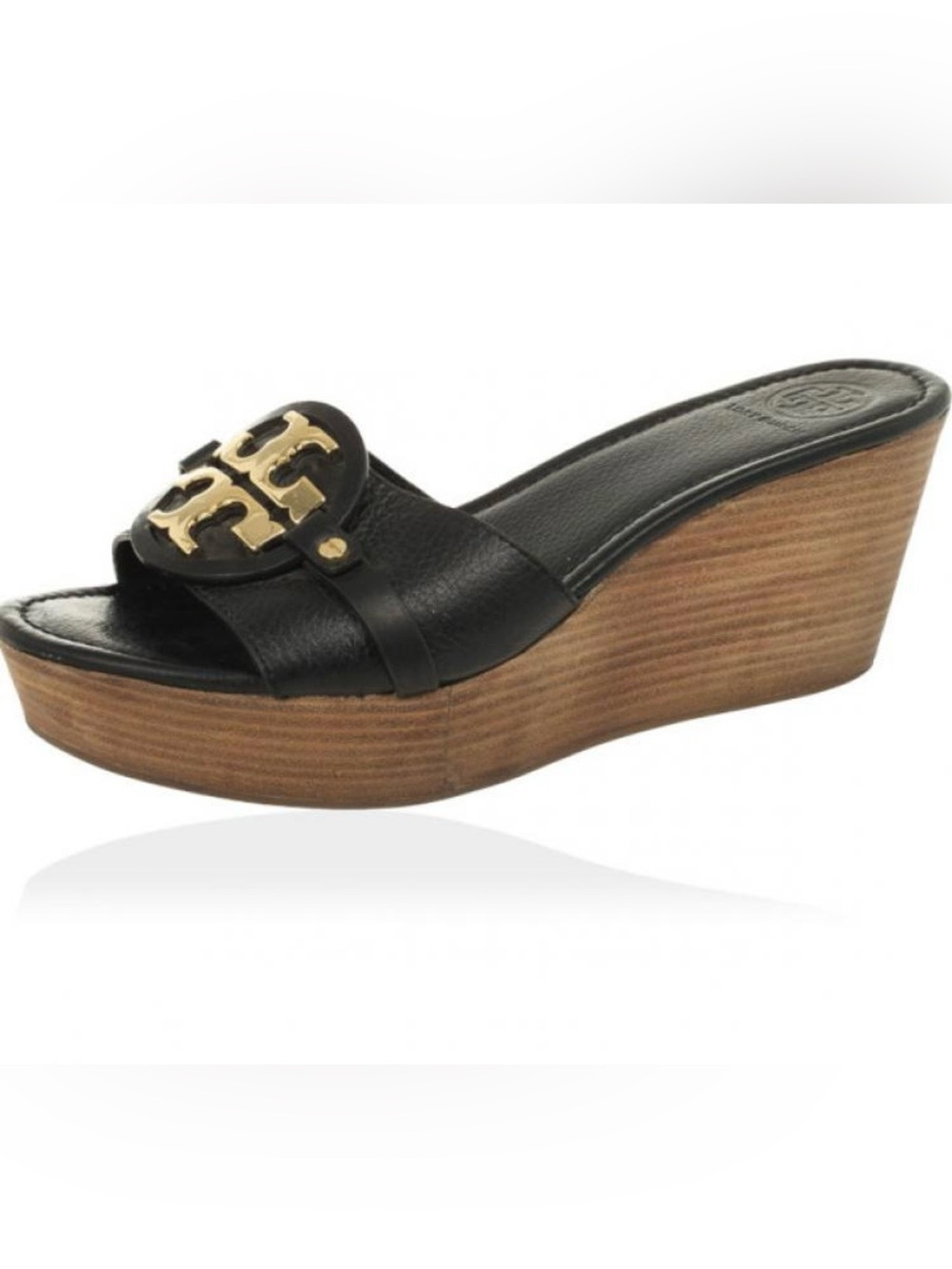 Tory Burch Black Leather Patti 3 Mid Wedge Slides (size 7.5)